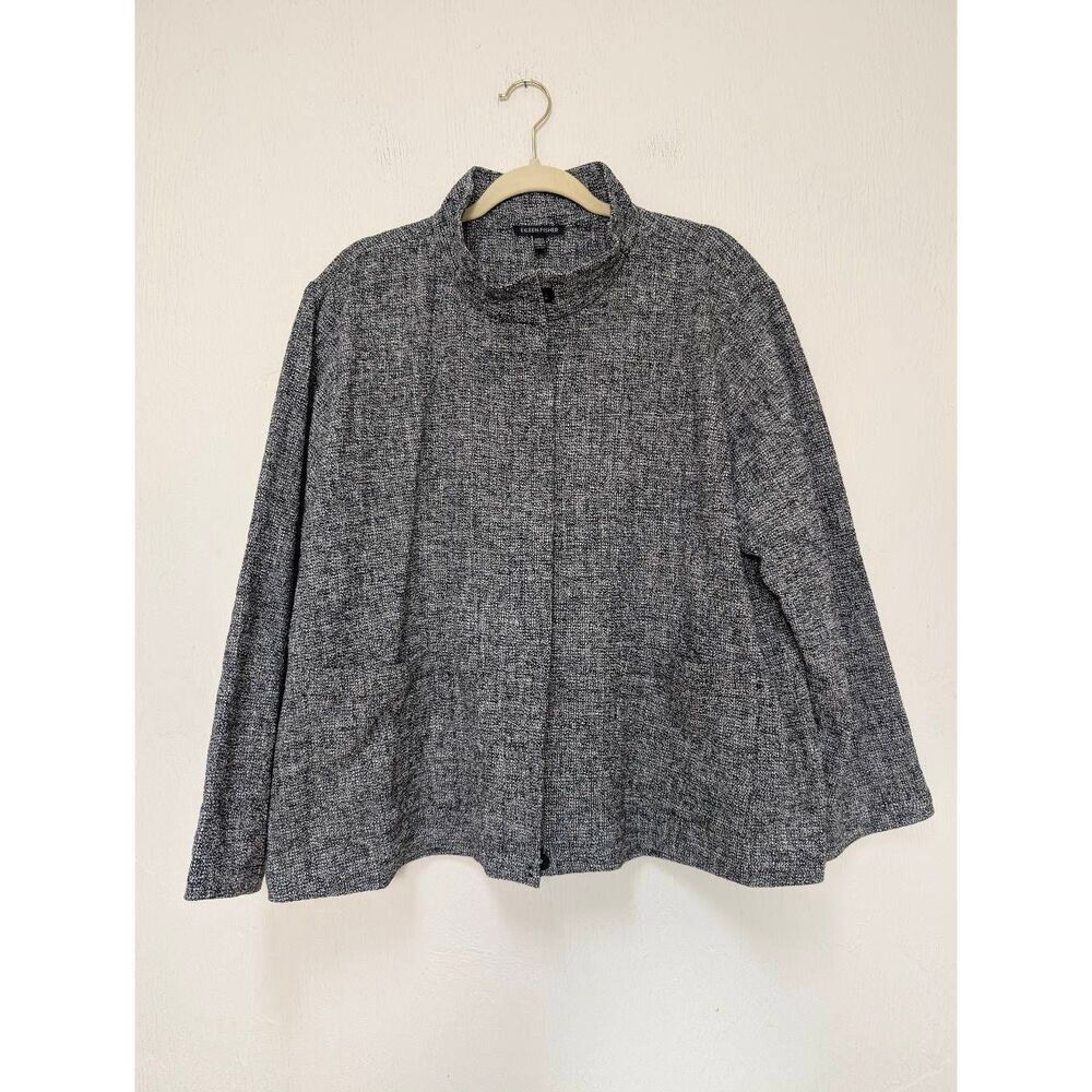 Eileen Fisher Womens Organic Cotton Tweed Stand Collar Jacket Black White XL